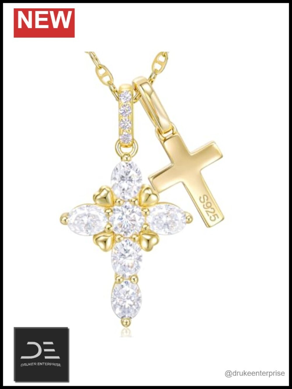 14K Gold Vermeil Moissanite Double Cross Necklace Pendant